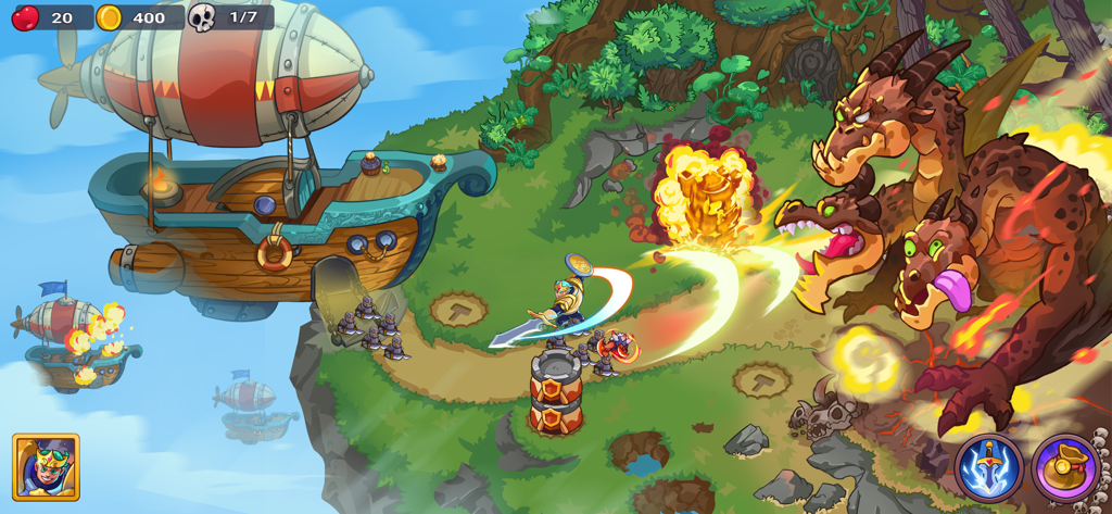King of Defense 2: Castle TD - A hero battles a massive three-headed dragon in King of Defense 2 Castle TD