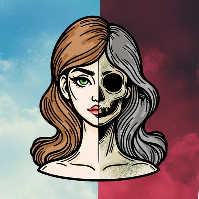 bust of a woman, half face and hair, half skull