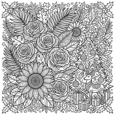 Immerse yourself in the holiday spirit with this captivating Zentangle coloring page, blending blooming flowers with enchanting Christmas scenes. Discover intricately patterned roses, sunflowers, a festive reindeer, and a decorated tree, offering a wonderfully detailed escape.