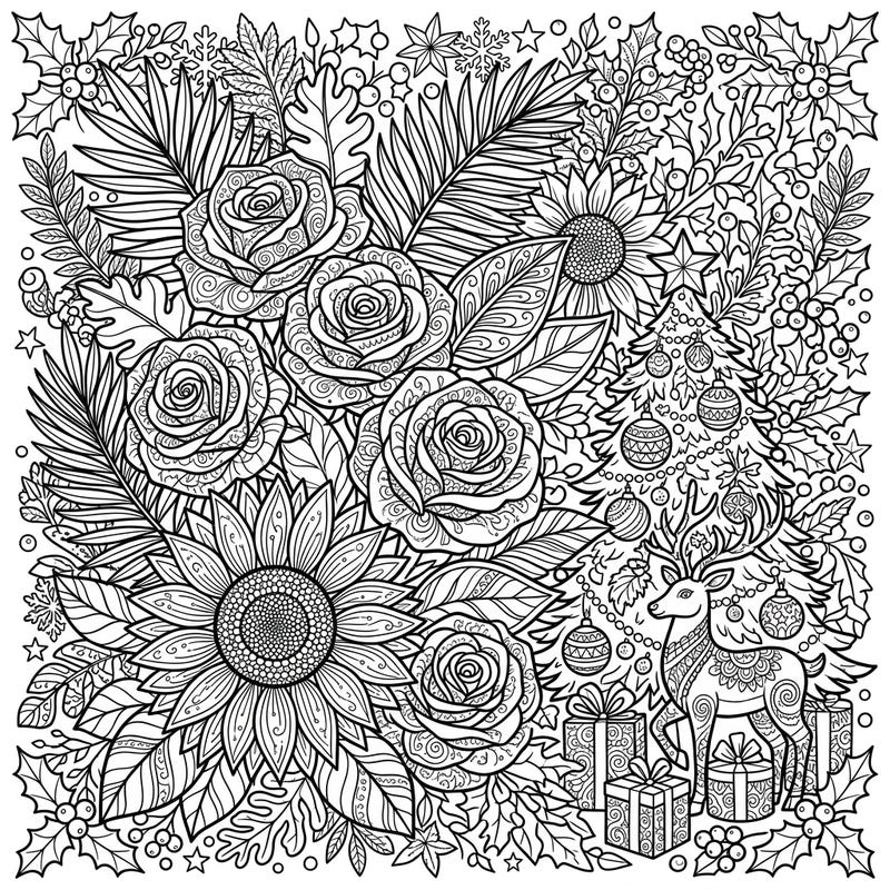 Immerse yourself in the holiday spirit with this captivating Zentangle coloring page, blending blooming flowers with enchanting Christmas scenes. Discover intricately patterned roses, sunflowers, a festive reindeer, and a decorated tree, offering a wonderfully detailed escape.