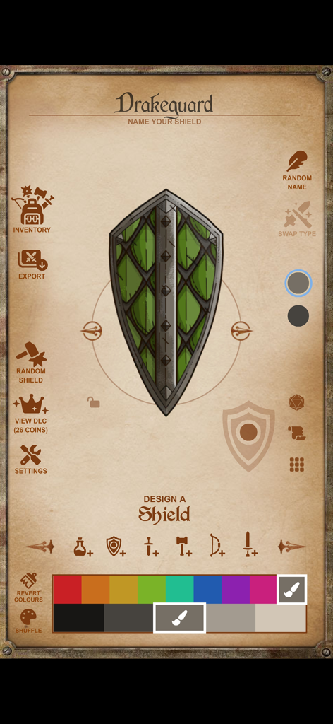 Instant Armory - Interface of Instant Armory app showing the customization of a green and grey shield named Drakeguard with a scale pattern.