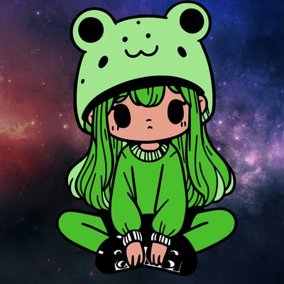 a girl wearing a frog hat and some frog socks