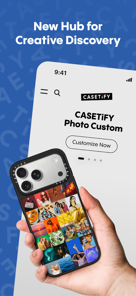 CASETiFY - Une main tenant un iPhone avec une coque CASETiFY personnalisée avec collage photo, à côté de l'interface de l'application.