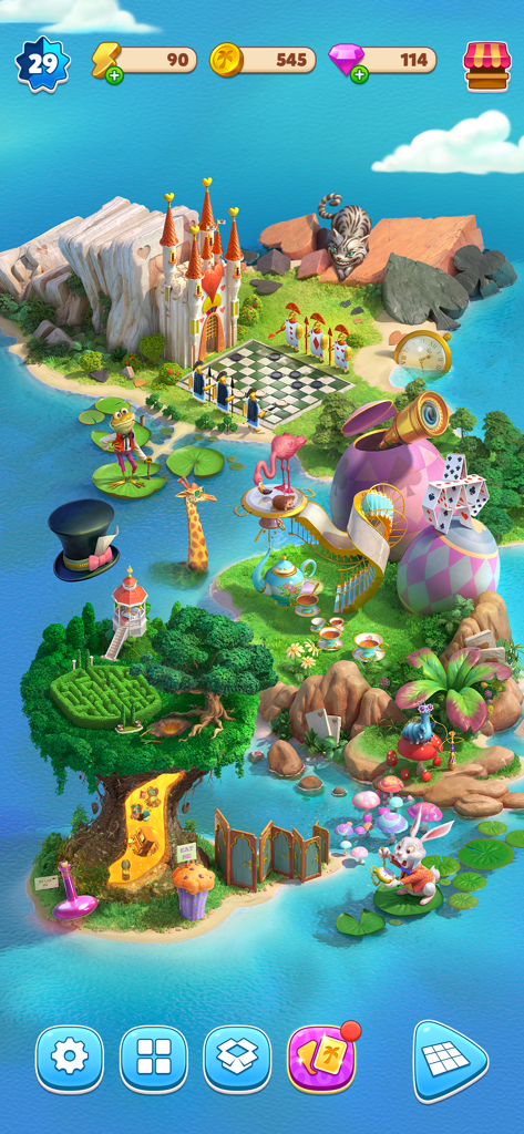 A fantasy island with an Alice in Wonderland theme featuring a heart castle and card soldiers in the Travel Town mobile game.