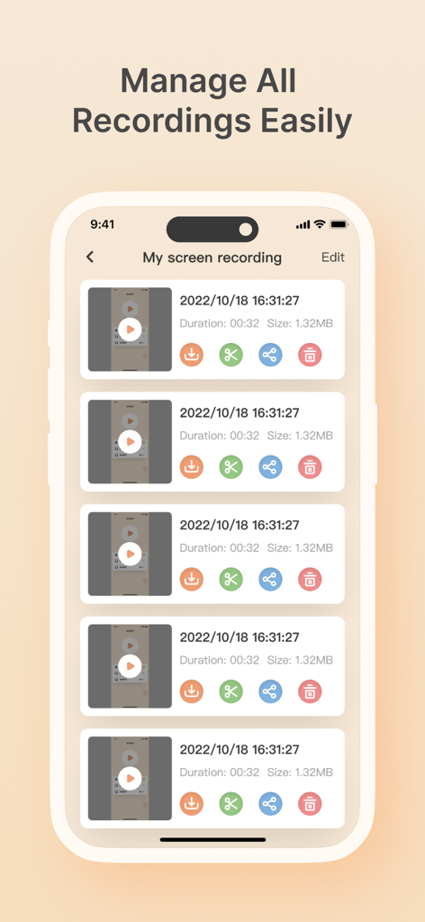 Interfaz de la aplicación móvil que muestra una lista de grabaciones de pantalla guardadas con opciones para editar, compartir y eliminar.