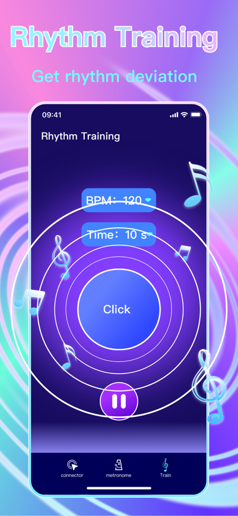 Auto Clicker - Taptap Clicker - Pantalla de entrenamiento de ritmo en la aplicación que muestra BPM y ajustes de tiempo con un botón de clic central para practicar.