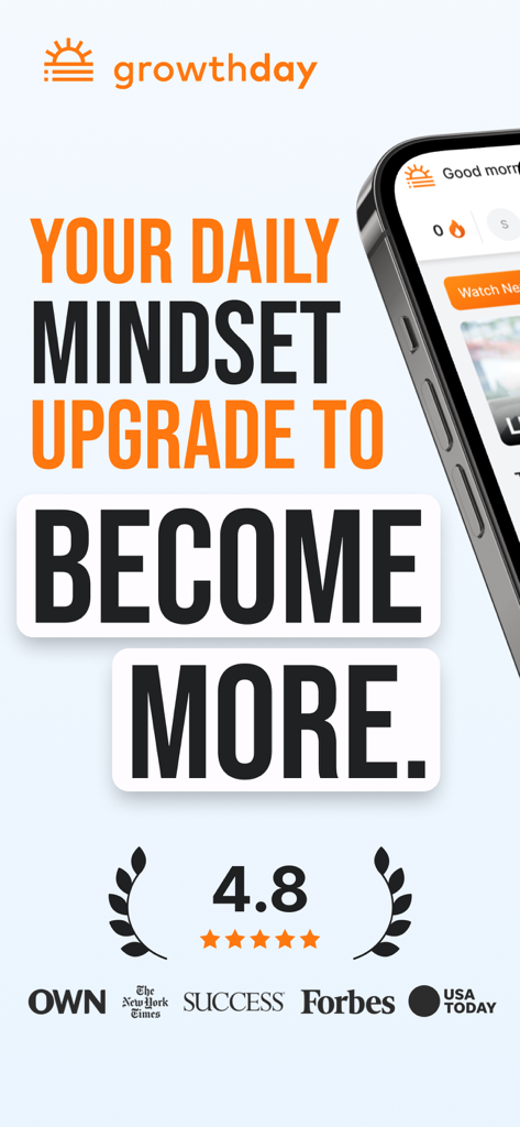 GrowthDay app promotional screen showing mindset upgrade tagline and media endorsements