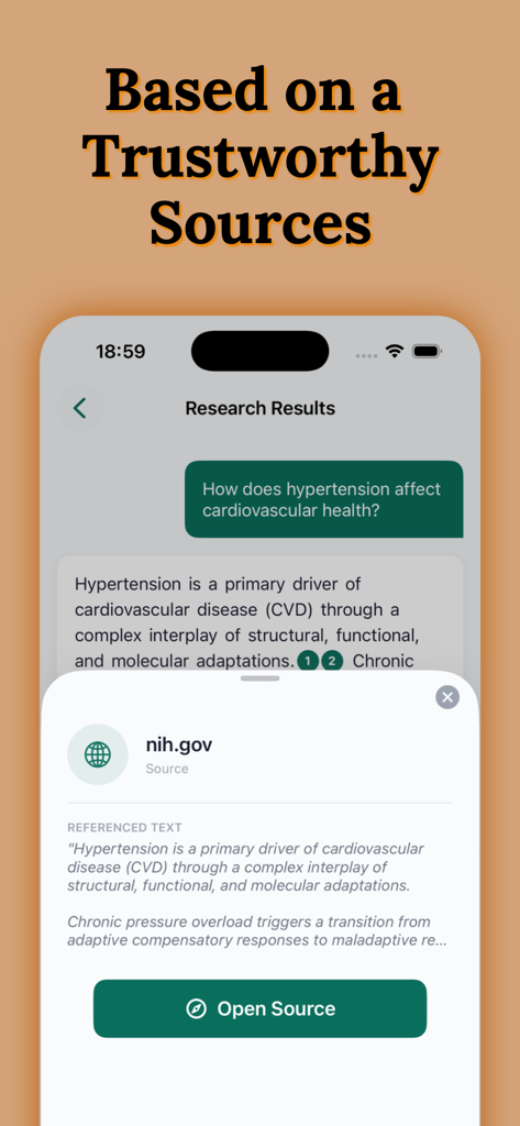 Dr Atlas AI Chat with Evidence - Dr Atlas AI interface displaying a medical research result with a verified citation from NIH.
