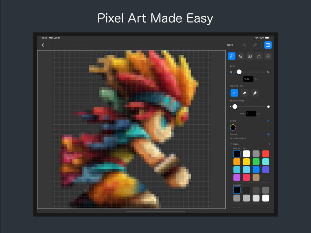 Interfaz del editor de arte de píxeles SpriteFrame mostrando el proceso de creación de un personaje en un iPad con herramientas de dibujo y paleta de colores.