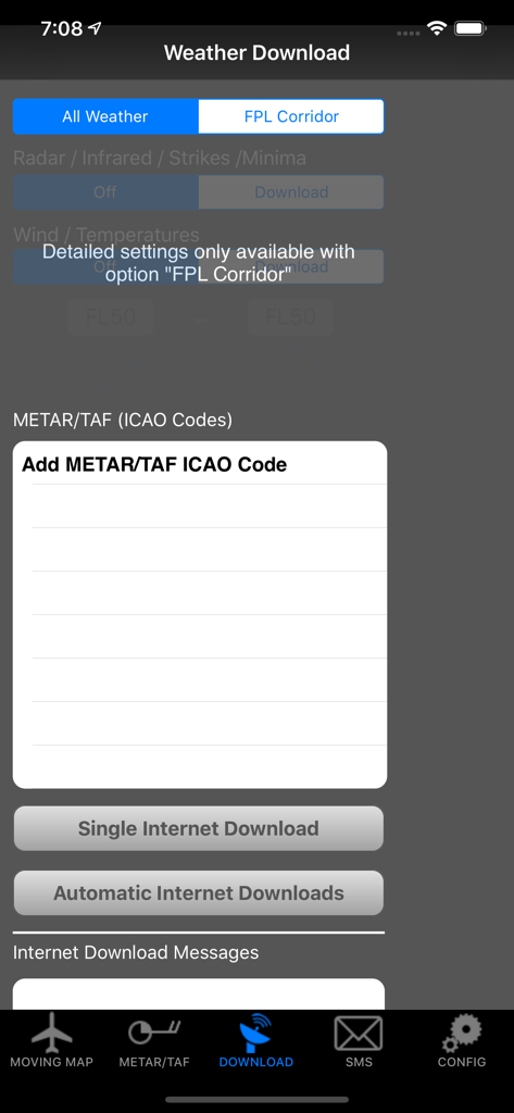 ADLConnect - ADLConnect app weather download screen showing METAR and TAF ICAO code configuration settings