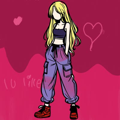 girl in baggy pants crop top and long hair