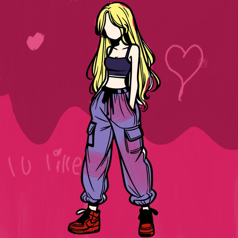girl in baggy pants crop top and long hair