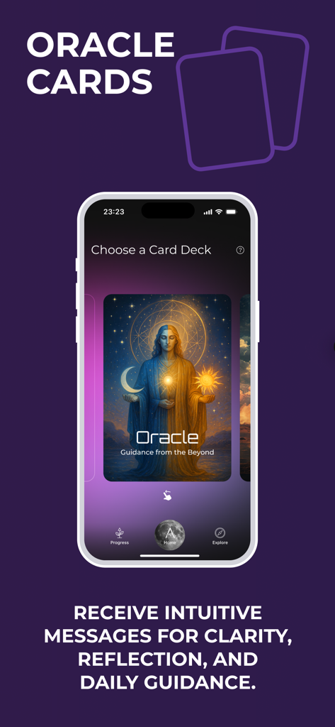 Interfaz de la aplicación Affirmate que muestra la función de Cartas de Oráculo para la guía espiritual diaria.