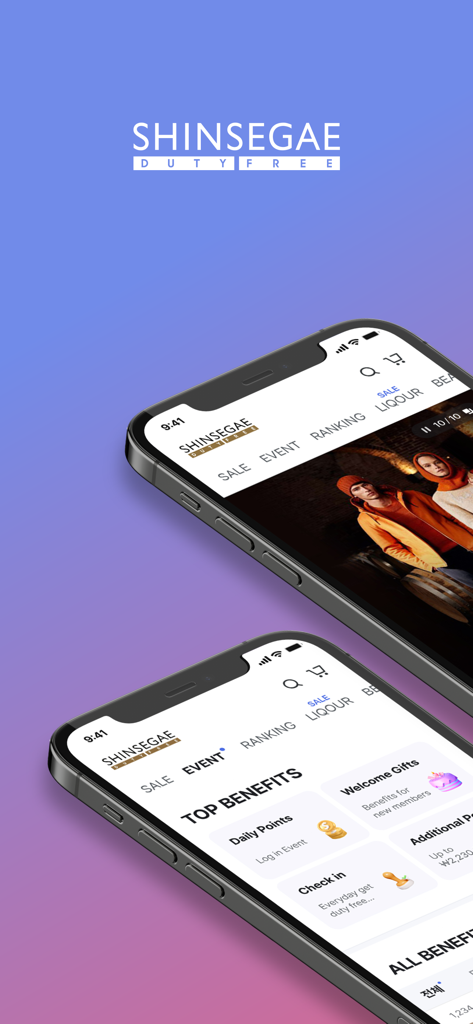 Two smartphones showing the Shinsegae Duty Free app interface with shopping categories and benefits
