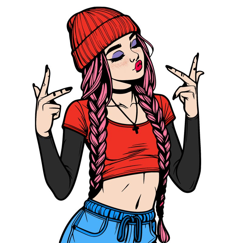realistic teenage girl with braids and a beanie and crop top doing 🫶🏼
