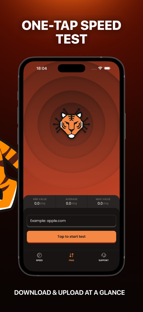 Tiger Leap Accelerator - Tiger Leap Accelerator 모바일 앱 인터페이스, 호랑이 로고 및 다운로드/업로드 측정값이 있는 원탭 속도 테스트 화면 표시