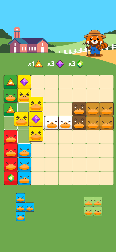 Block Puzzle: blast the square - Pantalla de juego de un puzle de bloques colorido con un personaje mapache en un entorno de granja