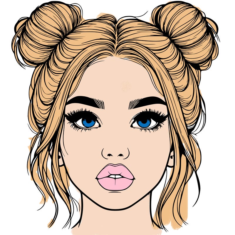 realistic girl with two buns on her hair and lips
