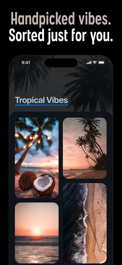 Pixs: Wallpapers & Backgrounds - Pixs wallpaper app displaying a curated collection of tropical beach and sunset backgrounds on an iPhone screen.