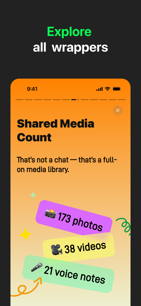WAMR Backup Message&Dual Chat - Una captura de pantalla que muestra la función WAMR Wrapped con un recuento de medios compartidos de fotos, videos y notas de voz