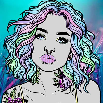 realistic woman with septum piercing and wavy hair and tattoos