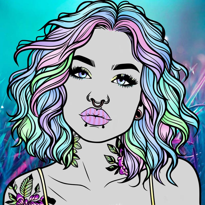 realistic woman with septum piercing and wavy hair and tattoos