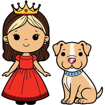 a 11 year old girl with a pit bull by her side and a crown and really ĺong dress on