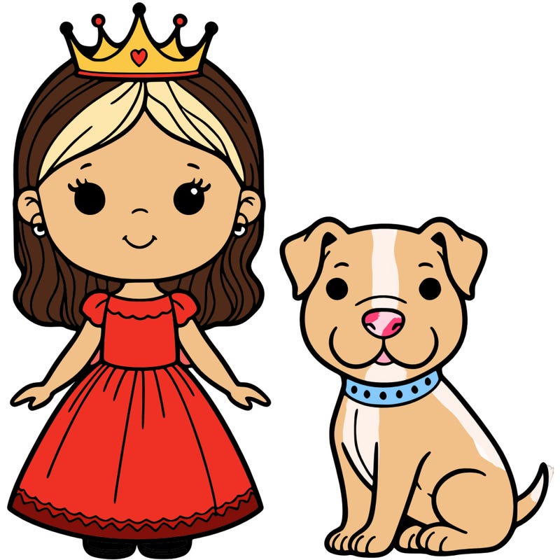 a 11 year old girl with a pit bull by her side and a crown and really ĺong dress on