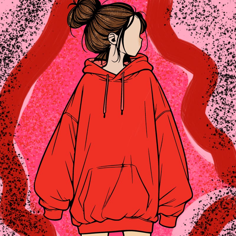 realistic girl with a oversized sweatshirt on and a bun