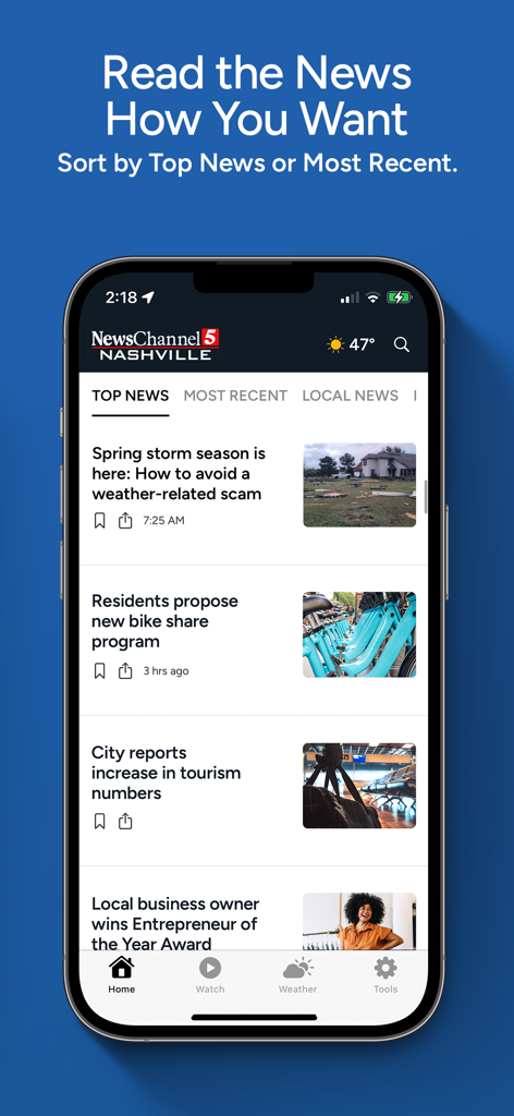 News Channel 5 Nashville app showing top local news stories and sorting options on a mobile phone