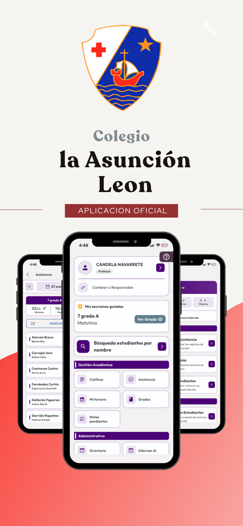Official mobile interface of the Asuncion-Leon school app for academic tracking and parent-teacher communication.