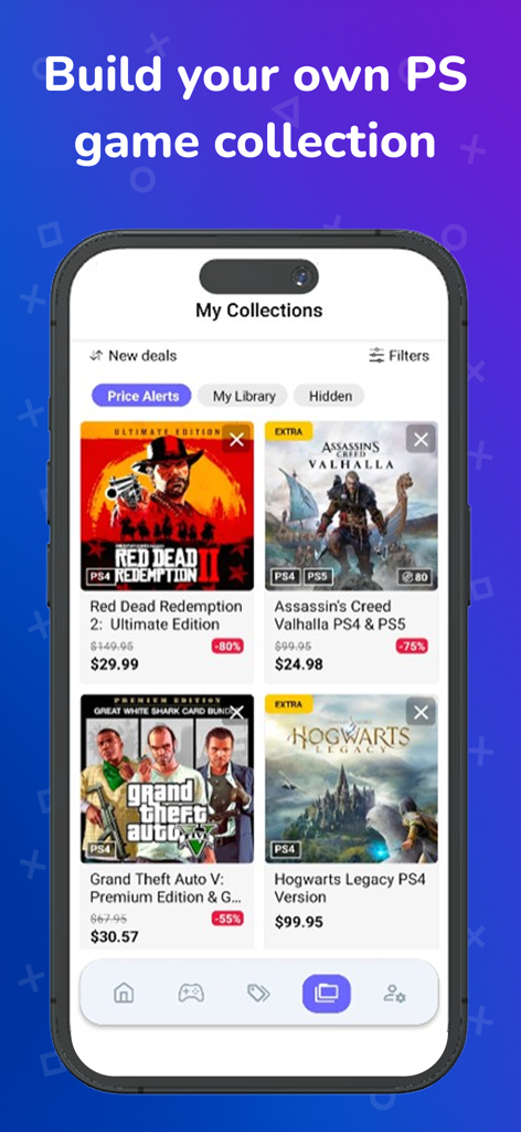 PS Store - Price tracker - Mobile app interface showing a personalized collection of PlayStation games with price alerts and discount percentages