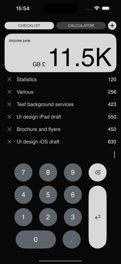 Interface da calculadora do Checklist Pro exibindo itens de receita e um teclado numérico para entrada manual
