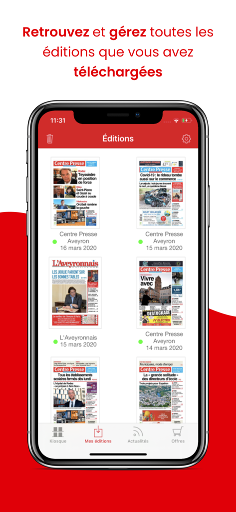 Centre Presse Le Journal - A mobile interface showing a library of downloaded digital newspaper editions for offline reading in the Centre Presse Aveyron app