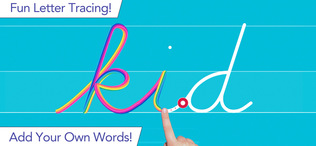 A child tracing the word 'kid' in cursive with a rainbow effect on a blue background in the Cursive Writing Wizard app