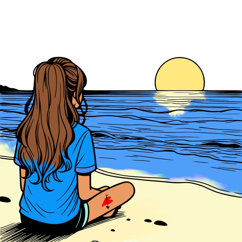 a girl watching the sunset on the horizon at ocean realistic