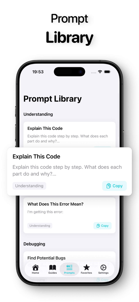 Rork app prompt library screen showing AI coding assistant tools for code explanation and debugging