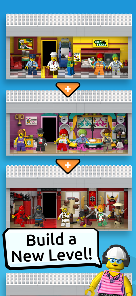 Una vista vertical de varios niveles temáticos en LEGO Tower, incluyendo una pizzería y un dojo ninja con muchas minifiguras