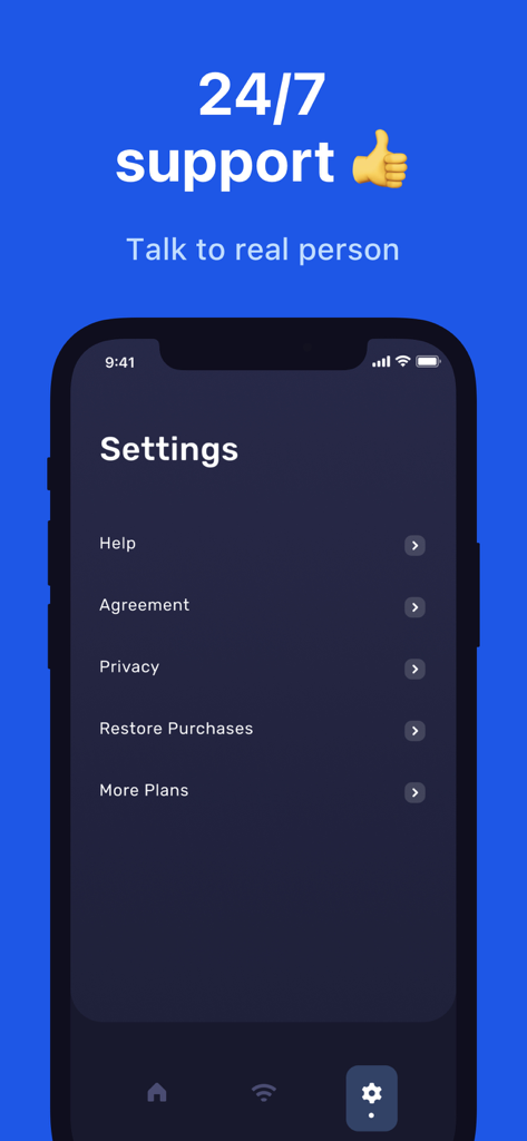 Schermata delle impostazioni dell'app Super VPN che evidenzia il supporto clienti 24/7 da persone reali.