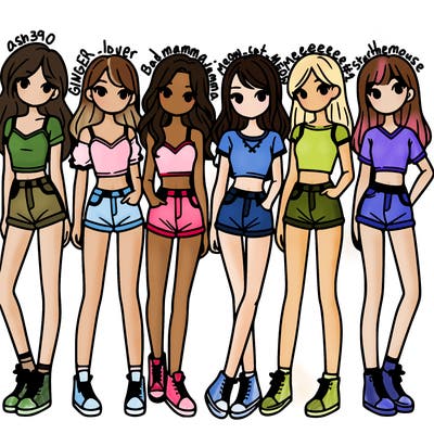 a group of girls wearing crop tops and shorts