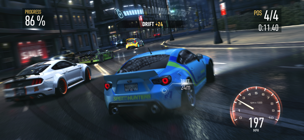 A blue sports car drifting through city streets during a high-speed night race in Need for Speed No Limits.