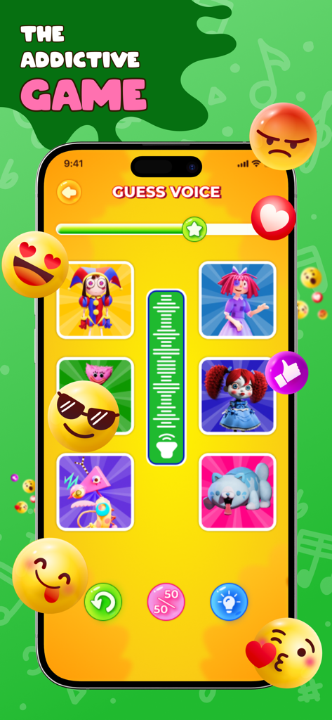 Schermata di gioco di Guess Sound Monster Voice che mostra vari personaggi mostro ed emoji colorate