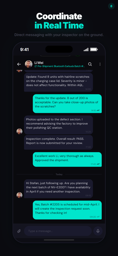 Spektor - A smartphone screen displaying the Spektor app's real-time chat between an importer and a quality inspector.