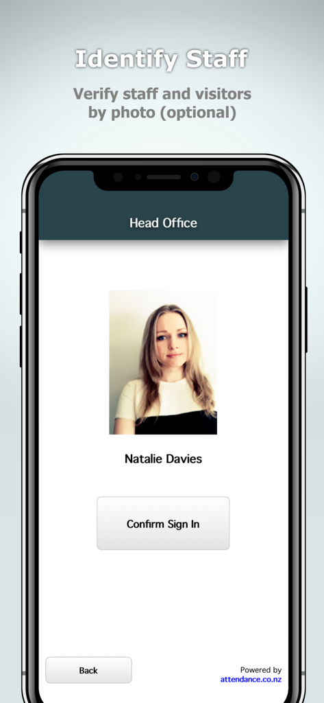 A smartphone screen displaying a staff member photo verification and sign in button for the Attendance and Time Sheets app.