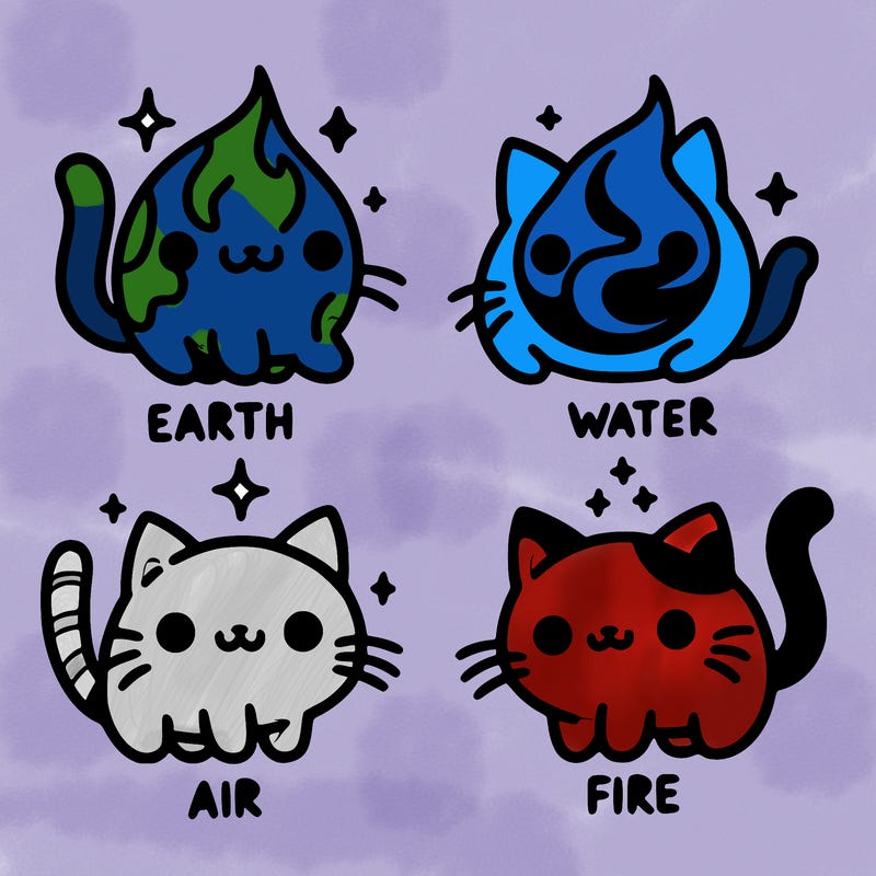 4 cats that represent the different elements, earth, water, air, and fire