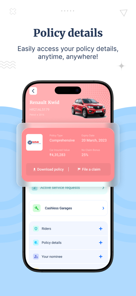 Policybazaar-Compare.Buy.Save. - L'interface de l'application Policybazaar affiche les détails complets de la police d'assurance automobile et les options de gestion des sinistres.