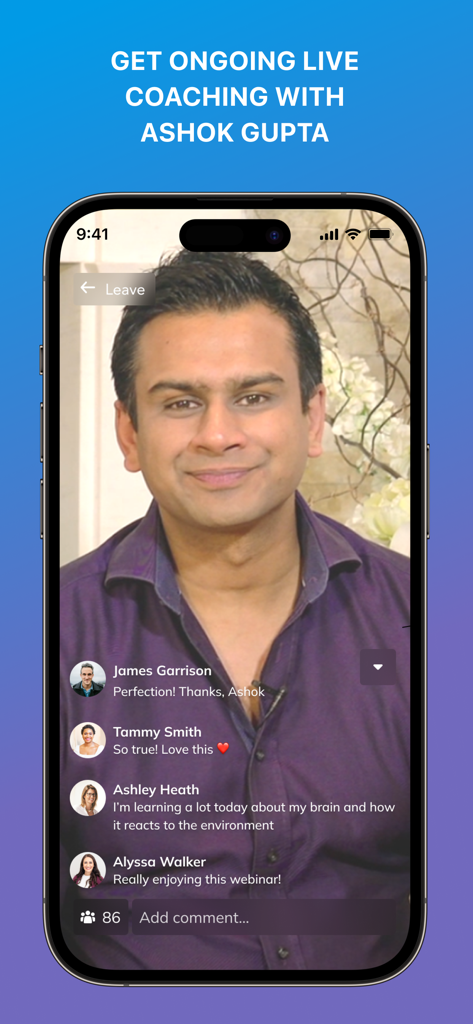 Ashok Gupta hosting a live coaching webinar with a community chat in the app