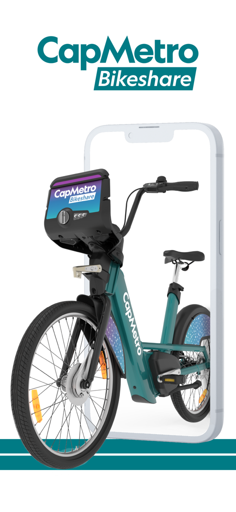 CapMetro Bikeshare - A teal CapMetro Bikeshare electric bike shown inside a smartphone frame.