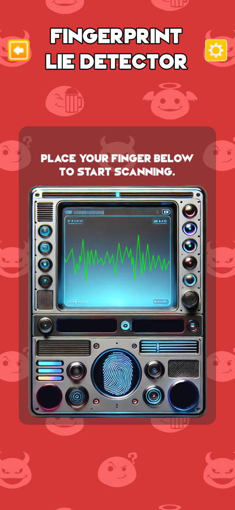 Lie Detector Test - Truth Dare - Interface do scanner de detector de mentiras de impressão digital com exibição de linha de polígrafo e área de escaneamento.