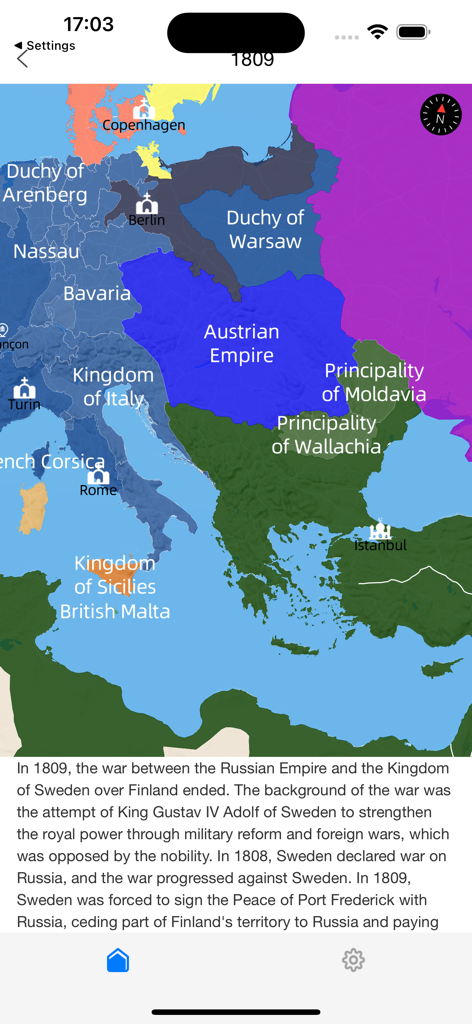 EpicMoments - Mapa interactivo de Europa en 1809 que muestra fronteras y eventos históricos en la aplicación EpicMoments